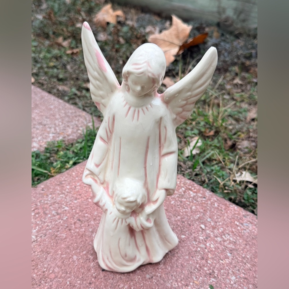 80’s Vintage handmade ceramic guardian angel ivory & pink